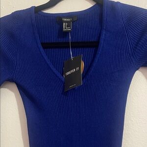 Forever 21 Cobalt Blue Ribbed V-Neck Short Sleeve Top